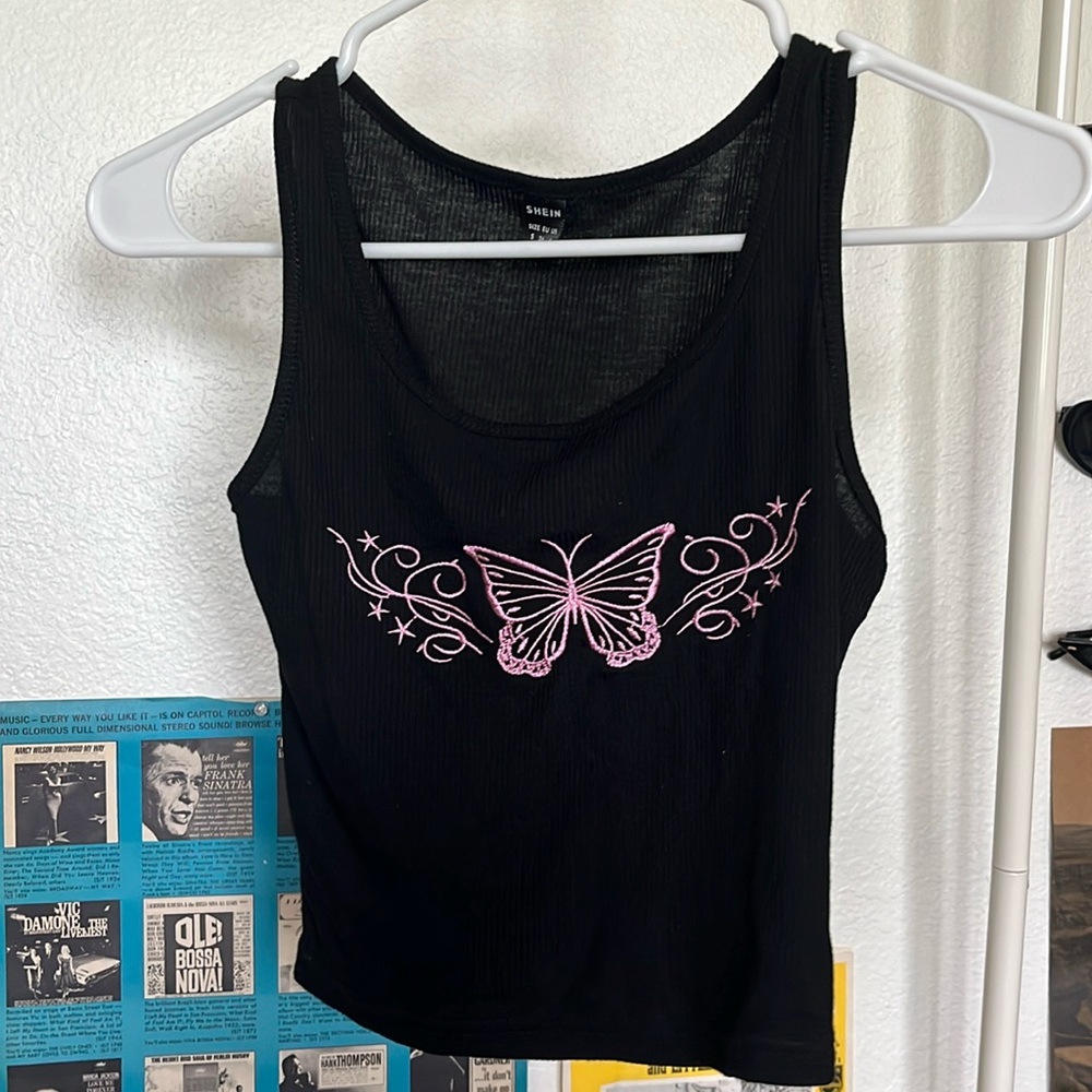 black cropped tank top with pink embroidered butterfly print